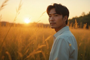 Environmental Portrait of an Asian Male Scientist in a Field of Wildflowers at Golden Hour, Representing Ecology and Conservation