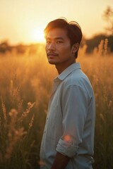 Environmental Portrait of an Asian Male Scientist in a Field of Wildflowers at Golden Hour, Representing Ecology and Conservation