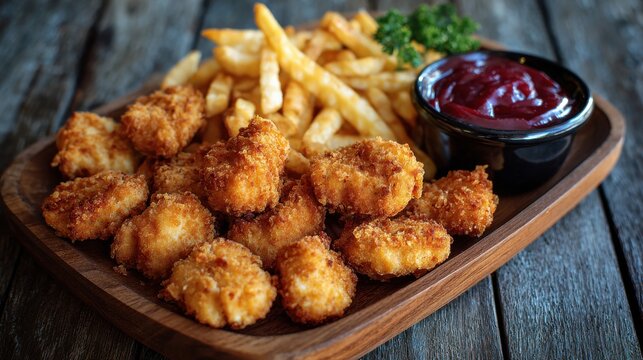 Nice photo of plate of nugget stick with sacue and fries on wooden table.