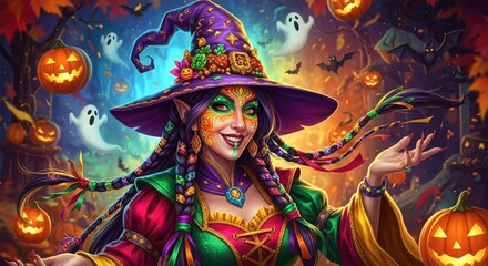 Enchanting Halloween Witch with Pumpkins and Ghosts