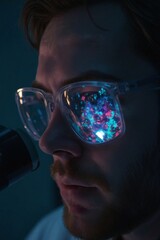 Close-Up of a Scientist's Eye and Safety Glasses Reflecting a Microscopic Image in a Dark Room