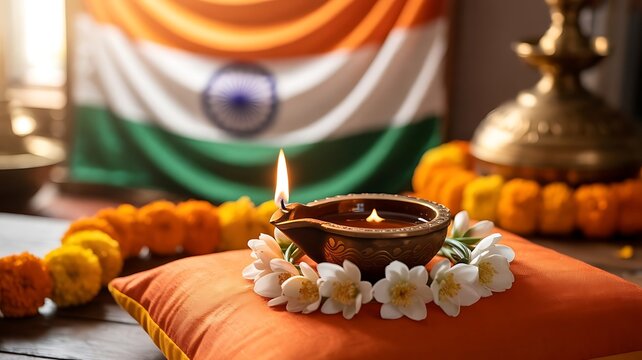 A glowing diya lamp is adorned with flowers and set against the backdrop of the indian flag