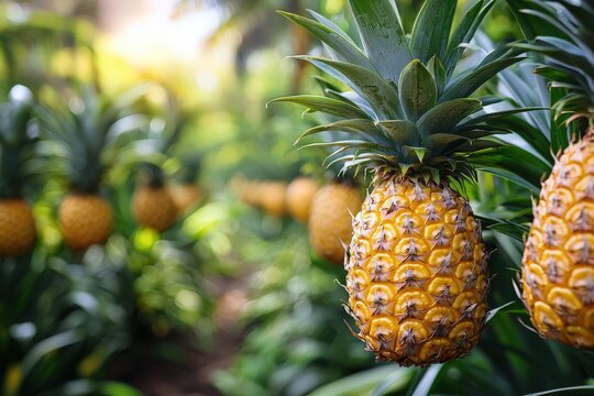 Ripe pineapples in a tropical plantation