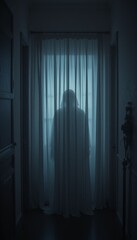 Ghost figure behind thin curtain in dim hallway with soft warm backlight glow Generative AI