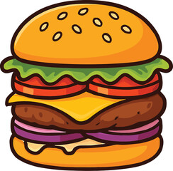 Cartoon Double Cheeseburger with Lettuce Tomato Onion and Sesame Seed Bun