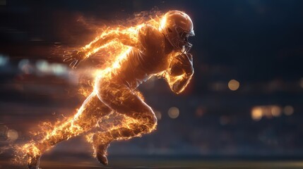 Nice photo of silhouette of an American football player on fire on the background of the stadium. Concept for sports, speed, bets, American game.