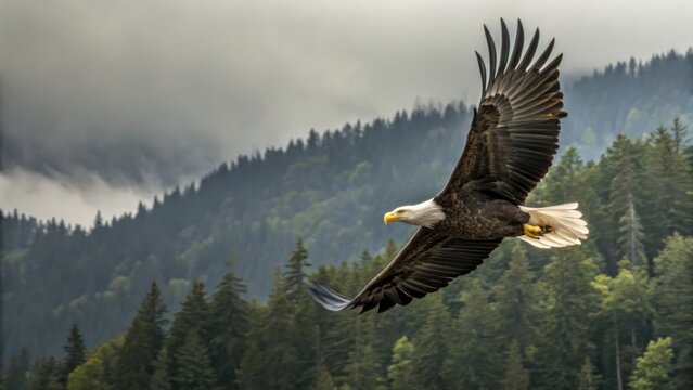 Majestic bald eagle soars gracefully through a misty mountain forest landscape with dramatic clouds