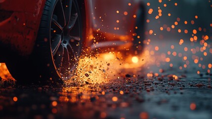 Red car tire blazing on wet asphalt