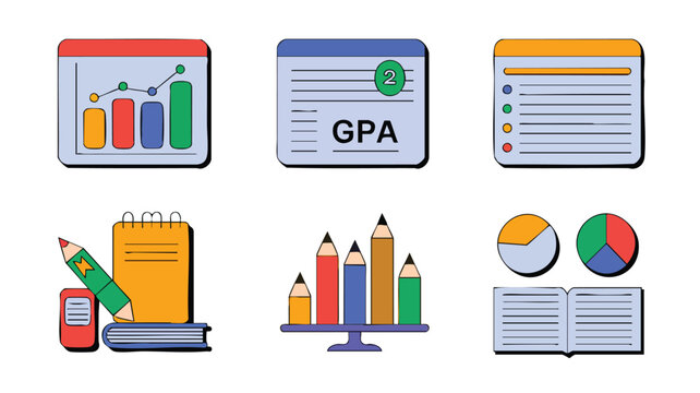 AI Generate Educational Icons Set for Learning GPA Charts Pencils Notebook Graphs and Data Visualizations for Study Themes