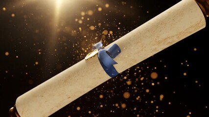 A diploma scroll tied with a blue ribbon and gold seal, celebrating achievement.