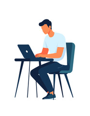 Modern Illustration of a Man Working on a Laptop at a Desk in a Minimalist Style with a White Background