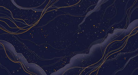 Abstract dark blue background with flowing gold lines and subtle scattered dots.