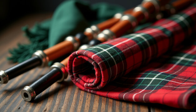 Bagpipes and tartan pattern on wooden surface, adding a touch of Scottish tradition, bagpipes and tartan pattern create a cultural scene. Bagpipes and tartan pattern for cultural events, festivals.