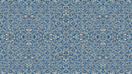 Intricate blue and white floral pattern with symmetrical design elements and repeating flower motifs