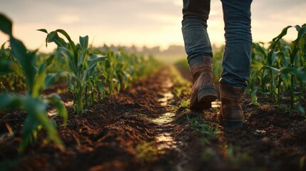 Nice photo of farmer walks along corn field. Man wears boots, inspects crops. Agriculture, farming, land cultivation. Rural scene, horizon, sunset, golden hour light.