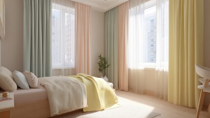 Fototapeta premium Cozy children's bedroom with blackout curtains drawn, soft lighting, relaxing environment for healthy sleep