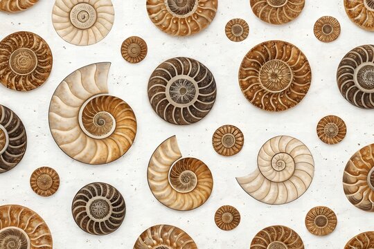 Pattern of repeating fossil shells in flat lay style