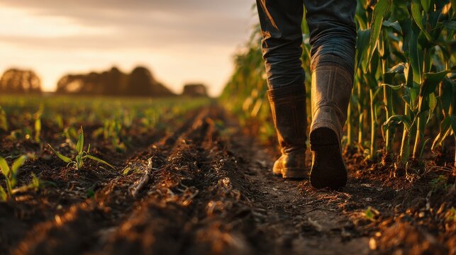 Nice photo of farmer walks along corn field. Man wears boots, inspects crops. Agriculture, farming, land cultivation. Rural scene, horizon, sunset, golden hour light.