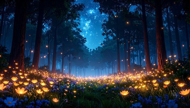 Magical forest path at night, glowing flowers and fireflies