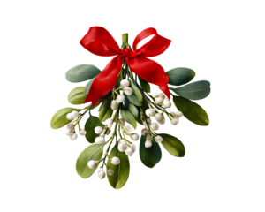 Traditional Mistletoe Sprig with White Berries and Red Ribbon, Frontal View, Transparent Background.png