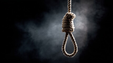 dramatic hangman noose suspended in dark dusty atmospheric scene