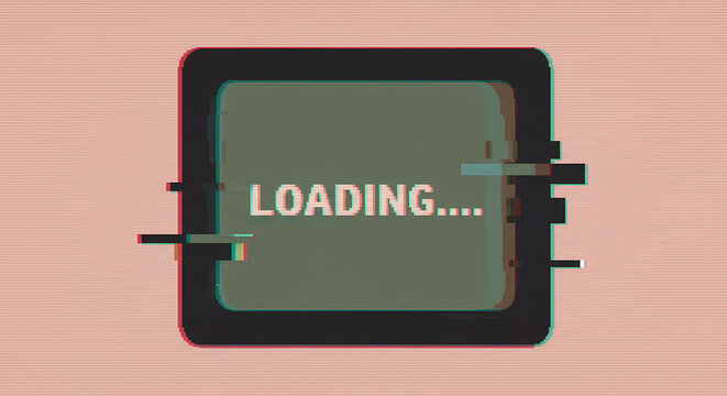 A retro-styled display screen shows the text "LOADING...." with a digital glitch effect.