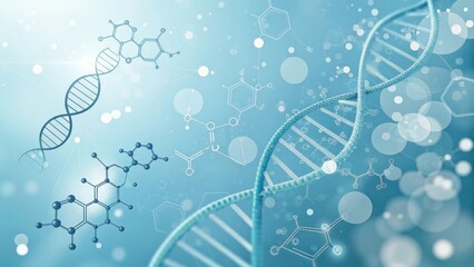 Abstract representation of dna helix strands and molecular structures on a blue bokeh background symbolizing biotechnology and genetic research