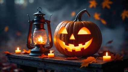 Obraz premium A carved Halloween pumpkin with a flickering candle inside rests beside a glowing lantern on a rustic surface. Autumn leaves and gentle fog create a spooky yet warm atmosphere against a dark backdrop.