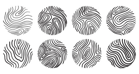 Set of tree rings clipart, vector logo wood ring. Tree cross section.  Circle topography line map stock illustration. Black and white vector illustration of a fingerprint. Circular geographic grid map