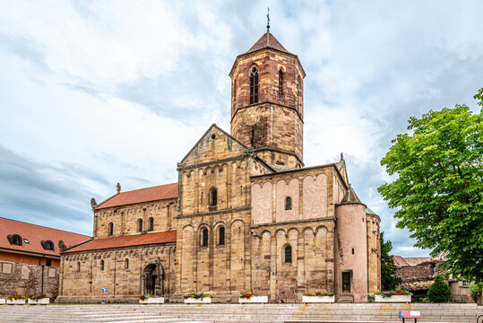 View at the Church of Saints Peter and Paul in the streets of Rosheim in France