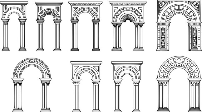 Art Deco arch window and door frames, entrance doorways, and gateways, featuring modern architectural line drawings. Ancient classical architecture with arched doors reminiscent of Medieval temples