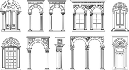 Art Deco arch window and door frames, entrance doorways, and gateways, featuring modern architectural line drawings. Ancient classical architecture with arched doors reminiscent of Medieval temples
