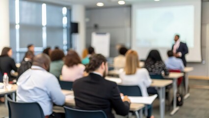Diverse professionals in modern training room with blank wall display &mdash; learning and development concept
