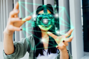 Woman wearing VR simulator using transparent interface