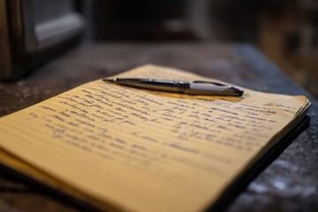 Notes, writing, pen, paper, handwritten, ink, journal, office, document, and vintage meet in this warm image of a legal pad. Ideal for articles about planning, studying, or creativity. 
