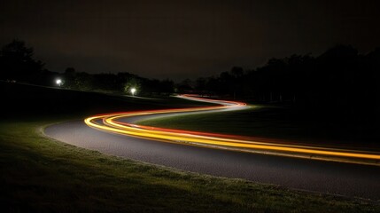 Obraz premium Nighttime view of a winding road with light trails.