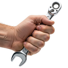 Fototapeta premium Hand gripping shiny ratchet spanner isolated on a transparent background