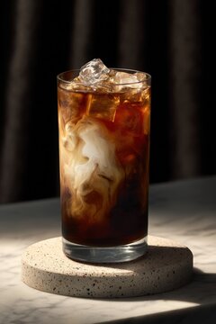 Iced Spanish latte with a creamy condensed milk swirl, served in a tall glass, featuring ice cubes and a smooth texture, creating a refreshing beverage experience