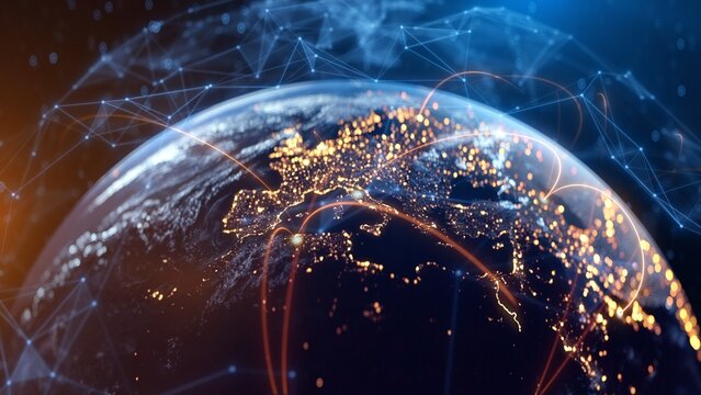 Global Connection Lines. Network Data Transfer Over Earth. Futuristic AI Technology, 5G, Satellite Communication, Internet Connectivity, Big Data, Digital World Background Animation. Crypto Exchange