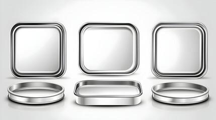 Set of four square and two circular metal containers.  Blank, silver,  3D renderings,  digital illustration, packaging designs,  product mockups