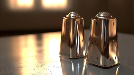 Two shiny, metallic salt and pepper shakers sit on a reflective surface, bathed in warm light.  Details of the shakers' design are visible