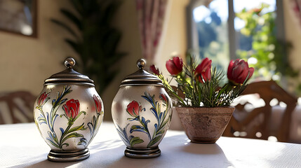 Two decorative, ornate vases with red floral designs sit on a table, near a potted bouquet of red tulips. Sunlight streams through a window