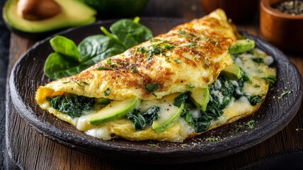 Keto cheese omelet with spinach and avocado on a dark wooden table