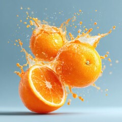Nice photo of fresh oranges splashing juice explosion.