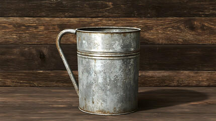 Rustic, weathered metal pitcher on a wooden surface.  The pitcher has a handle and horizontal bands.  It's aged, with a slightly rusted appearance