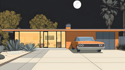 Mid-century modern home at night, featuring an orange car parked in the driveway.  Illuminated interior, lush landscaping, and a full moon
