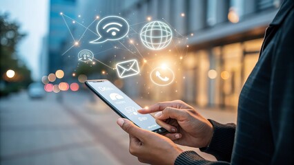 Person using smartphone with social media icons and network connections overlay