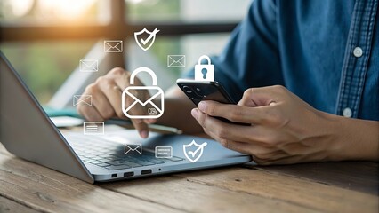 Man using laptop and smartphone with digital security icons overlay