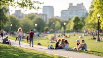 Soft-focus city park with people in background — lifestyle and leisure in summer city