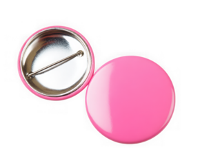 Two pink round pinback buttons isolated on transparent background